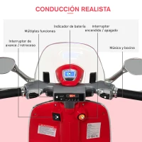 HOMCOM Moto de Batería Autorizada de VESPA con Faros Música 2 Ruedas Auxiliares 108x49x75 cm Rojo(m-5)