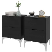HOMCOM Set of Two Wood Effect Bedside Tables with Silver Tone Steel Base, Black(m-11)