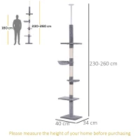 PawHut Floor to Ceiling Cat Tree Height Adjustable 230-260cm, 5-Tier Cat Tower with Scratching Post, Hammock, Perches, Climbing Activity Centre for Indoor Kittens, Grey(m-3)