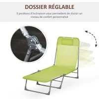 Outsunny Bain de soleil transat chaise longue inclinable pliable avec oreiller dossier réglable sur 5 niveaux vert(m-6)