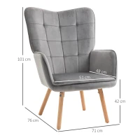 HOMCOM Modern Accent Chair, Upholstered Tufted Wingback Armchair with Seat Padding, Velvet Leisure Lounge Bedroom Chair with Wood Legs, Grey(m-3)