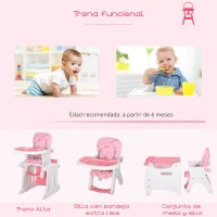 HOMCOM Trona para Bebés 2 en 1 para 6 Meses a 6 Años Transformable en Mesa y Silla Multifuncional Ajustable en 3 Posiciones Respaldo Alto Acolchado con 2 Bandejas Extraíbles 57x59x105 cm Rosa(m-4)