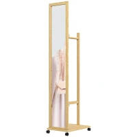 HOMCOM Miroir sur pied avec roulettes et multi-rangements 1 tringle portant 1 étagère inférieure en bois coloris naturel(m-1)
