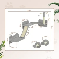 PawHut 3-Piece Cat Wall Furniture with Scratching Posts, Scratching Pads, Perches, Cat Wands, Toy Balls, Light Grey(m-3)