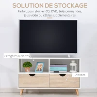 HOMCOM Meuble TV Bas sur Pieds Style scandinave 2 tiroirs Coloris chêne Clair Blanc(m-4)
