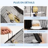 PawHut Cage à oiseaux design maison mangeoires perchoirs balançoire 2 portes plateau excrément amovible + poignée transport métal noir(m-4)