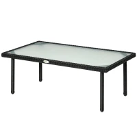 Outsunny Table basse de jardin plateau verre trempé 5 mm résine tressée imitation rotin noir(m-10)