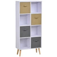 HOMCOM Armadietto Libreria in Legno Bianco 8 Ripiani e 4 Cassetti Pieghevoli in Tessuto Grigio e Marrone 54.5x24x122.5cm(m-1)
