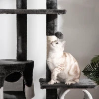 PawHut Tiragraffi per Gatti a Soffitto con Altezza Regolabile 240-260 cm, Albero Tiragraffi per Gatti Multilivello con Cucce, Amache e Scale, Corde in Sisal, Grigio Scuro e Bianco(m-8)