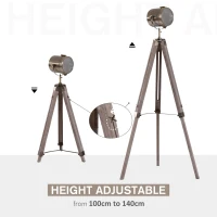 HOMCOM Industrial Tripod Floor Lamp, Nautical Searchlight with Adjustable Height, Wood Legs, E14 Lamp Base for Living Room, Bedroom, Grey and Bronze(m-4)