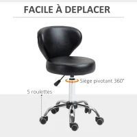 HOMCOM Tabouret à roulette tabouret de massage - tabouret de travail pivotant 360° - assise réglable 49-64H cm, dossier ergonomique - métal chromé revêtement synthétique noir(m-6)
