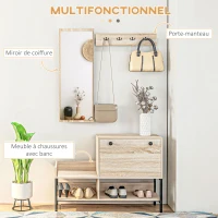 HOMCOM Ensemble 3 en 1 meuble d'entrée design contemporain meuble chaussures, miroir et panneau porte-manteau acier noir(m-4)