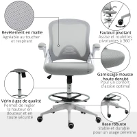 Vinsetto Fauteuil de bureau chaise de bureau assise debout hauteur réglable repose-pieds accoudoir rabattable pivotant 360° maille respirante dim. 64L x 60l x 106-126H cm gris et blanc(m-7)