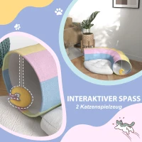 PawHut Katzentunnel Katzenspielzeug,  2 Spielzeuge, 1 Liegepolster, verspieltes Design, 105 cm x 65 cm x 28 cm, Mehrfarbig(m-6)