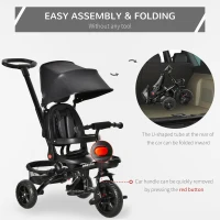 HOMCOM 4 in 1 Kids Trike Toddler Foldable Pedal Tricycle w/ Reversible Angle Adjustable Seat Removable Handle Canopy Belt Brake for 1-5 Years - Black(m-8)