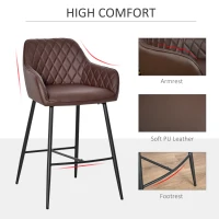 HOMCOM Set of 2 Bar stools Retro PU Leather Bar Chairs w/ Footrest Metal Frame Comfort Support Stylish Dining Seating Home Brown(m-6)