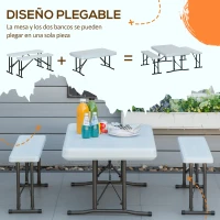 Outsunny Conjunto Mesa y 2 Bancos Plegables de Jardín Muebles para Camping Picnic Multiusos Mesa de 103x63x76 cm y Asiento de 84,5x20x40 cm Blanco(m-4)