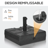 Outsunny Pied de parasol carré base de parasol en HDPE remplir de sable ou d'eau pour mât Ø 32, 38 et 48 mm - noir(m-5)