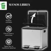 HOMCOM Papelera de Cocina de Acero Inoxidable con 2 Compartimentos 2x15L Pedales Tapas de Cierre Suave y Cubo Extraíble Plata(m-6)