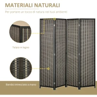 HOMCOM Paravento per Interni, Separé Pieghevole a 4 Pannelli, Divisorio per Ambienti in Legno e Bambù, 180x180x1.9cm, Nero e Marrone(m-6)