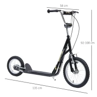HOMCOM Patinete 135x58x92-100 cm 2 Ruedas 16/12 pulgadas con 2 Frenos Scooter + Caballete Negro(m-3)