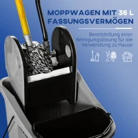 HOMCOM Wischwagen mit Mopp-Presse, 36L, Wassertrennwand, 4 Rollen, Schwarz/Grau(m-4)