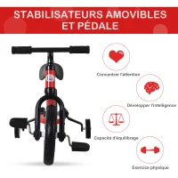 HOMCOM Vélo Enfant draisienne 2 en 1 roulettes et pédales Amovibles Roues 12" Hauteur Selle réglable pour enfants de 2 à 5 ans Acier Rouge(m-6)