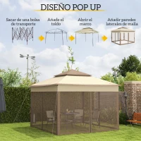 Outsunny Carpa Plegable 3x3x2,7 m Cenador de Jardín con Doble Techo Mosquitera y Bolsa Transporte Color Marrón Claro(m-4)