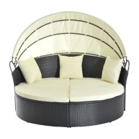 Outsunny Divano da Giardino in Rattan Modulabile con Tenda Parasole, Lettino, Poggiapiedi e Cuscini, Crema e Nero(m-1)
