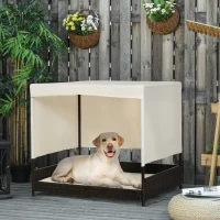PawHut Rattan Hundehaus mit Kissen Hundebett mit Dach Hundeliege Hundehütte Haustierbett Hundesofa Kissen Stahlrahmen Kaffee+Beige 91 x 71 x 81 cm(m-2)