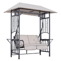 Outsunny Balancelle de Jardin 2 Places Style Colonial Grand Confort Matelas + tablettes Supports métal époxy Gris foncé Polyester Gris Clair(m-12)