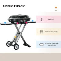 Outsunny Barbacoa de Gas 2,34 KW con 2 Quemadores Termómetro Parillas de Gas Plegable Portátil con 2 Ruedas y 2 Mesas Correderas para BBQ Camping 100x41,6x82,5 cm Negro y Plata(m-4)