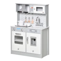 HOMCOM Kinderküche Spielküche aus Holz Küchenspielzeug mit Zubehör Musikspielküche Spielzeugset Spielzeugküche für 3–6 Jahre Grau 60 x 29 x 84 cm(m-10)