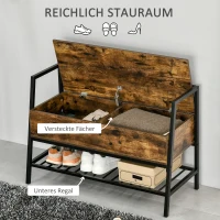 HOMCOM Schuhbank Sitzbank Sitztruhe mit 2 Ablagen Eingangsbereich großer Lagerraum Industriedesign Spanplatte Metall Rustikales Braun+Schwarz 90 x 37 x 60 cm(m-4)
