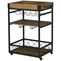 HOMCOM Rollwagen Servierwagen auf Rollen, Küchenwagen mit Weinregal und Glashalter, mit Bremsen, Metall, 77 x 44,5 x 91 cm(m-10)