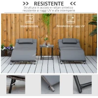 Outsunny Lettini Prendisole Richiudibili con Cuscini Rimovibili e Tavolino Pieghevole, Set 3 Pz in Rattan, Grigio(m-6)