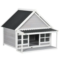 PawHut Hundehütte mit Veranda, wetterbeständig, behandeltes Tannenholz, 3 Fenster, Hellgrau + Weiß(m-1)