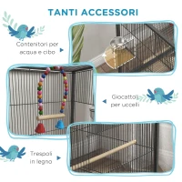 PawHut Gabbia per Uccelli in Acciaio e PP con 5 Porte, 2 Posatoi e Vassoio Estraibile, 48x46x74 cm, Grigio(m-5)