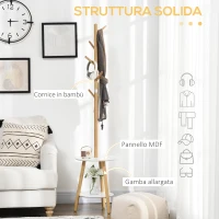 HOMCOM Appendiabiti da Terra per Ingresso in MDF e Alluminio con 5 Ganci in Bambù e Tavolino Rotondo, 39.5x39.5x171 cm(m-6)