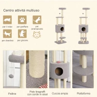 PawHut Albero Tiragraffi Robusto per Gatti con 5 Livelli, Cuccia, Casetta, Giochi e Corda Sisal, Grigio e Beige Max 30kg(m-5)