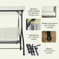 Outsunny Dondolo Letto da Giardino 3 Posti con Tettuccio Regolabile, in Acciaio e Poliestere, 195x117x175 cm, Crema e Nero(m-6)
