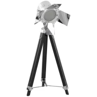 HOMCOM Industrial Tripod Floor Lamp, Nautical Cinema Standing Spotlight with Wood Legs and Adjustable Height for Living Room, Bedroom, Black and Silver(m-11)