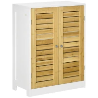 kleankin kleinkin Badezimmerschrank Badkommode, einstellbare Einlegeböden, Doppeltür aus Bambus, weiß+holzfarben, 60 x 30 x 80cm(m-1)