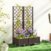Outsunny Raised Garden Bed with Trellis, Plastic Planter Box with Drainage Holes, Drain Plugs and Water Reservoirs for Climbing Plants, Vegetables, Flowers, Brown(m-2)