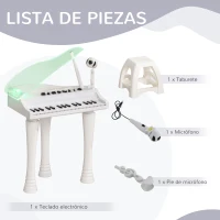 AIYAPLAY Juego de Piano Infantil de 32 Teclas con Micrófono Taburete Luces 22 Canciones y 4 Sonidos 37x30,5x60,4 cm Blanco(m-7)