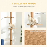 PawHut Albero Tiragraffi per Gatti a 4 Livelli, Fissaggio a Soffitto Regolabile, 43x27x228-260cm(m-6)