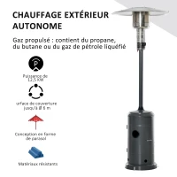 Outsunny Parasol Chauffant Commercial 12,5 KW - Chauffage d'extérieur gaz 30 m² - Chauffage de terrasse - Double sécurité - Puissance réglable - roulettes - Acier INOX. Gris(m-7)