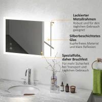 kleankin LED Badezimmerspiegel, Hintergrundbeleuchtung, Touch-Funktion, Memory-Funktion, kein Beschlagen, 70 x 50 cm(m-7)