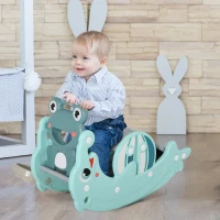 HOMCOM 3 en 1 Caballo Balancín para Niños con Tobogán Aro de Baloncesto Set de Juegos Multifuncional con Superficies Suaves 18-36 Meses con Forma de Rana Delfín 72x34x47 cm Verde(m-2)