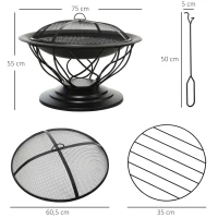 Outsunny Brasero cheminée Foyer extérieur Ø 75 x 55H cm Grille à Charbon + Cuisson Couvercle tisonnier métal Noir(m-3)